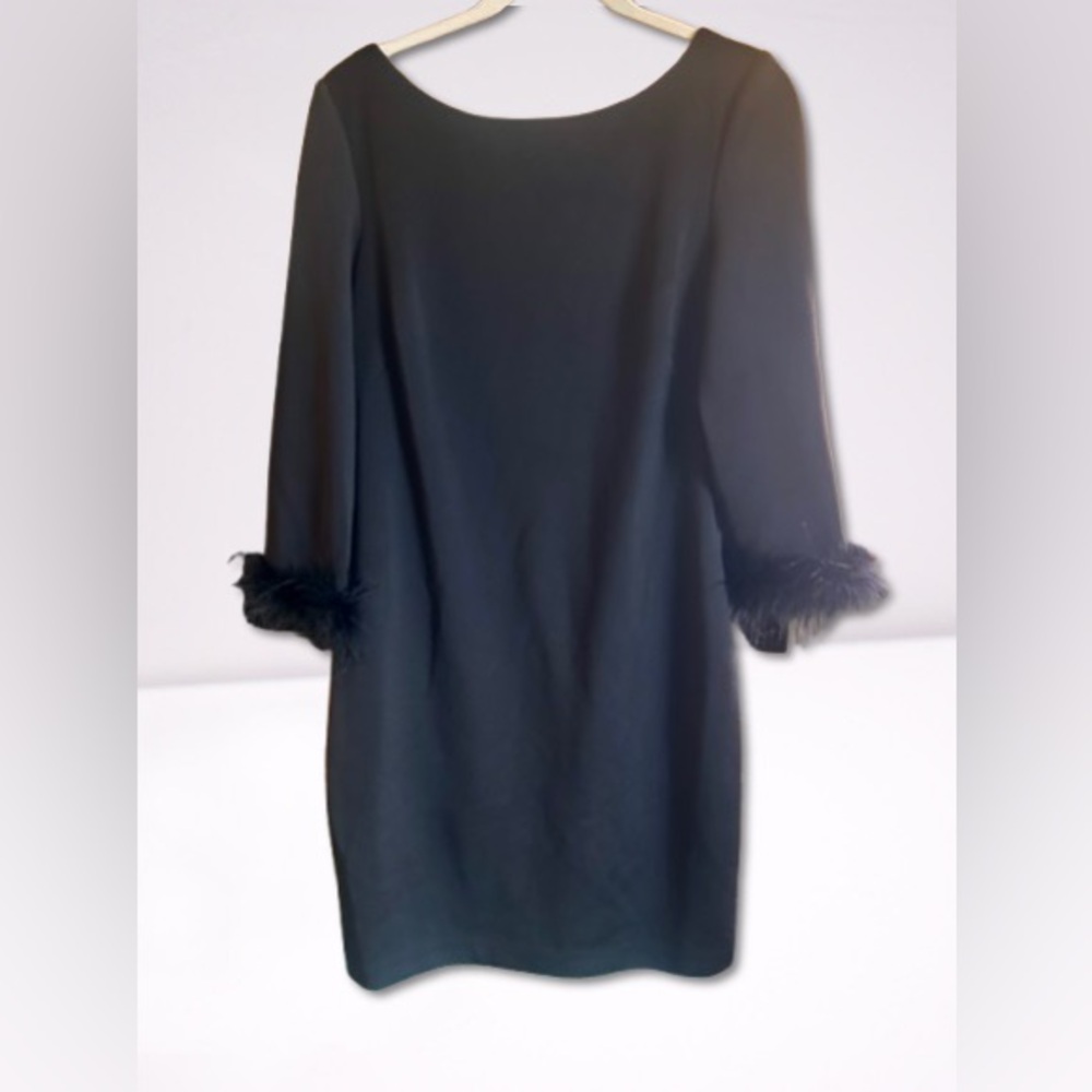 Eliza J Black Long-Sleeve Sheath Dress with Feather Cuffs